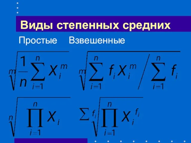 Виды степенных средних Простые Взвешенные