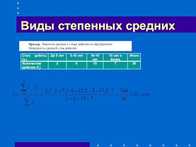 Виды степенных средних Пример. Имеются данные о стаже рабочих на предприятии: Определить средний стаж рабочих.