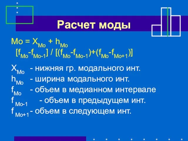 Расчет моды Мо = ХМо + hМо [fMo-fMo-1] / [(fMo-fMo-1)+(fMo-fMo+1)] ХМо