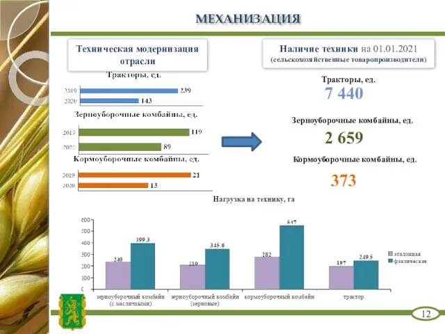 МЕХАНИЗАЦИЯ 12 Техническая модернизация отрасли Наличие техники на 01.01.2021 (сельскохозяйственные товаропроизводители)