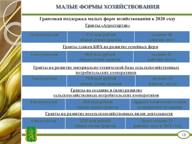 Грантовая поддержка малых форм хозяйствования в 2020 году Гранты «Агростартап» Гранты