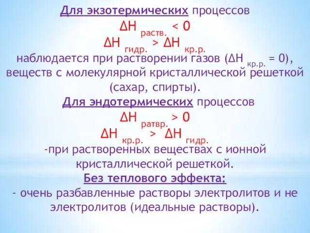 Для экзотермических процессов ∆H раств. ∆H гидр. > ∆H кр.р. наблюдается