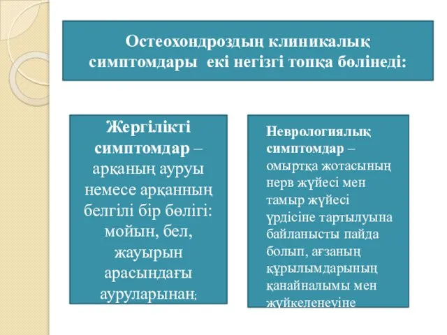 Остеохондроздың клиникалық симптомдары екі негізгі топқа бөлінеді: Жергілікті симптомдар – арқаның