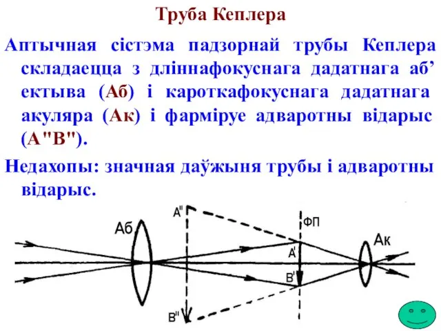 Труба Кеплера Аптычная сістэма падзорнай трубы Кеплера складаецца з дліннафокуснага дадатнага