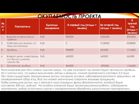 ОКУПАЕМОСТЬ ПРОЕКТА Рассматривая расчёты можно сделать вывод, что уже на второй