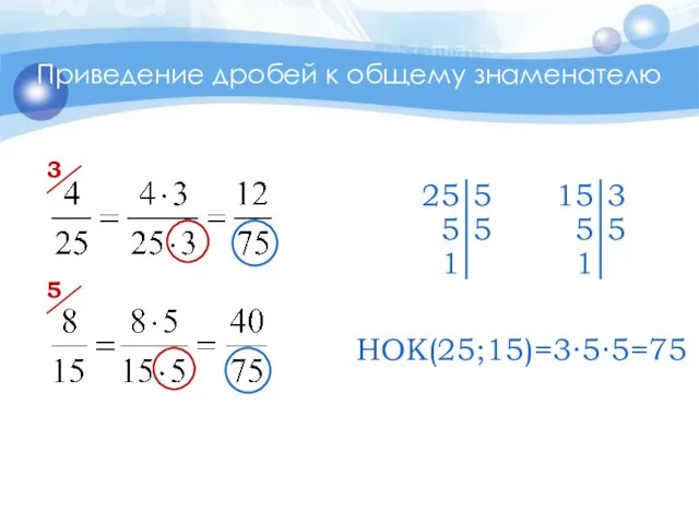 Приведение дробей к общему знаменателю 3 5 НОК(25;15)=3∙5∙5=75