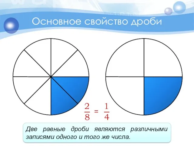 = Основное свойство дроби Две равные дроби являются различными записями одного и того же числа.