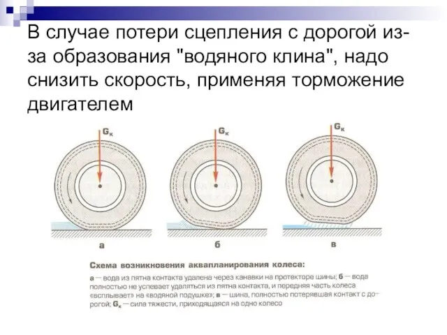 В случае потери сцепления с дорогой из-за образования "водяного клина", надо снизить скорость, применяя торможение двигателем