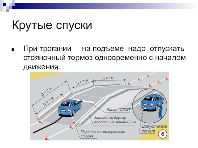 Крутые спуски При трогании на подъеме надо отпускать стояночный тормоз одновременно с началом движения.