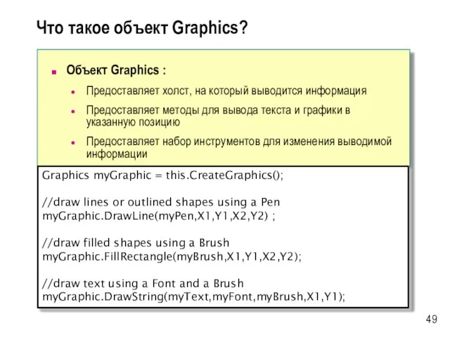 Что такое объект Graphics? Объект Graphics : Предоставляет холст, на который