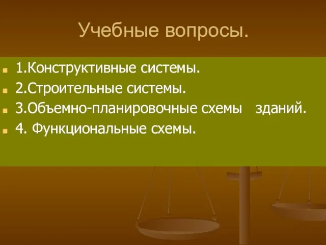 Учебные вопросы. 1.Конструктивные системы. 2.Строительные системы. 3.Объемно-планировочные схемы зданий. 4. Функциональные схемы.