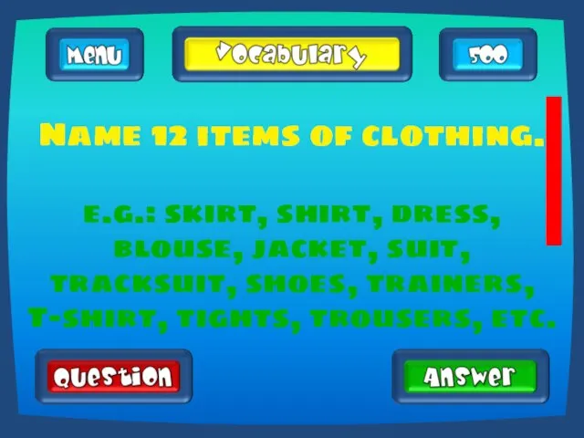 Name 12 items of clothing. e.g.: skirt, shirt, dress, blouse, jacket,