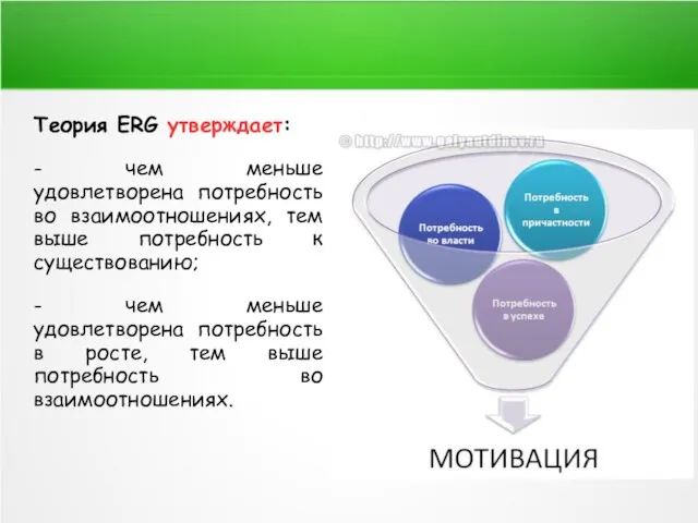 Теория ERG утверждает: - чем меньше удовлетворена потребность во взаимоотношениях, тем