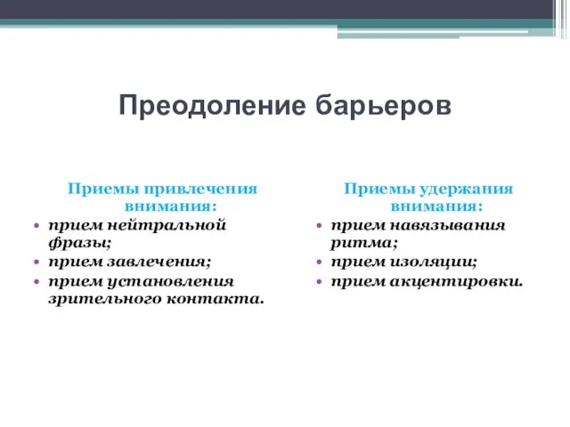 Преодоление барьеров Приемы привлечения внимания: прием нейтральной фразы; прием завлечения; прием