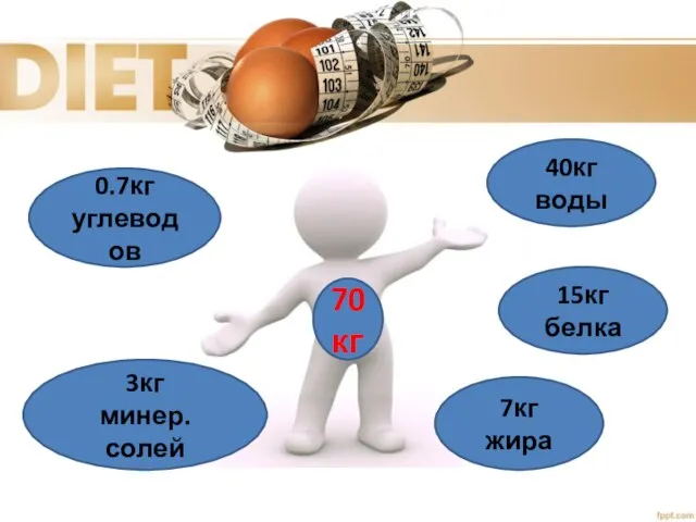 40кг воды 15кг белка 3кг минер.солей 7кг жира 0.7кг углеводов 70кг