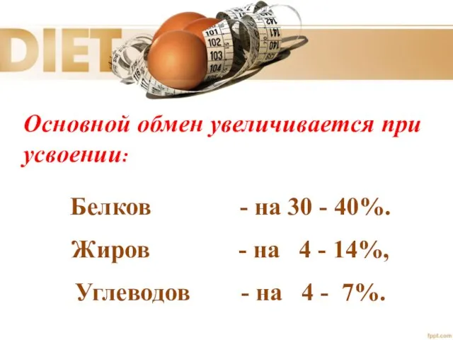 Основной обмен увеличивается при усвоении: Белков - на 30 - 40%.