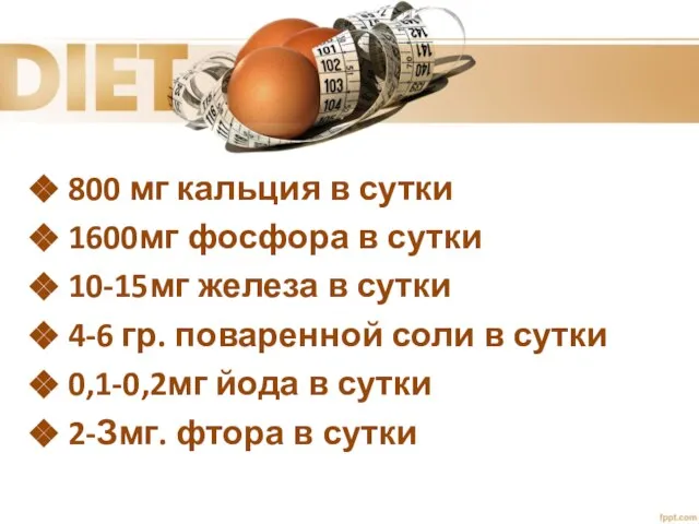 800 мг кальция в сутки 1600мг фосфора в сутки 10-15мг железа