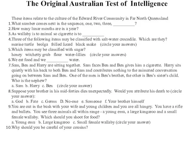 The Original Australian Test of Intelligence These items relate to the
