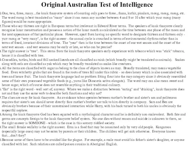 Original Australian Test of Intelligence One, two, three, many....the kuuk thaayorre