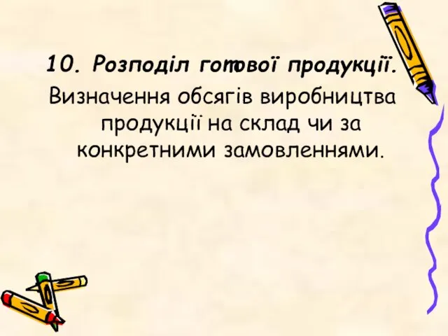 10. Розподіл готової продукції. Визначення обсягів виробництва продукції на склад чи за конкретними замовленнями.