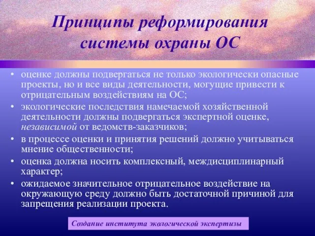 Принципы реформирования системы охраны ОС оценке должны подвергаться не только экологически