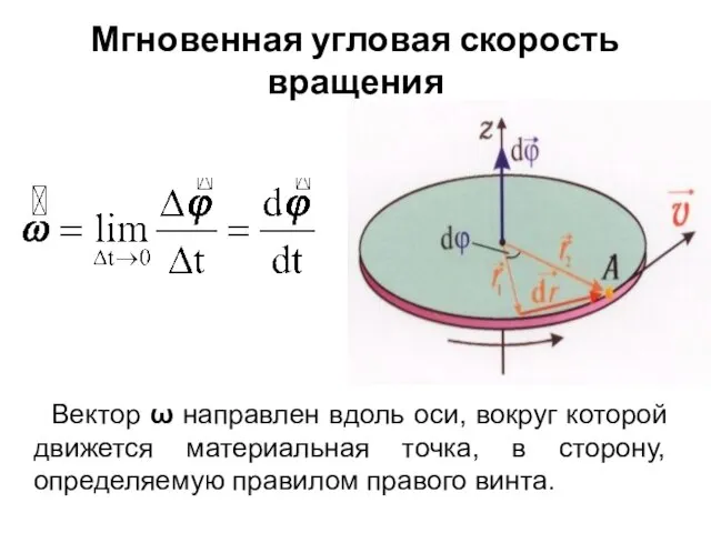 Мгновенная угловая скорость вращения Вектор ω направлен вдоль оси, вокруг которой