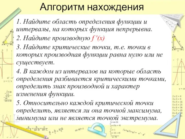 Алгоритм нахождения 1. Найдите область определения функции и интервалы, на которых