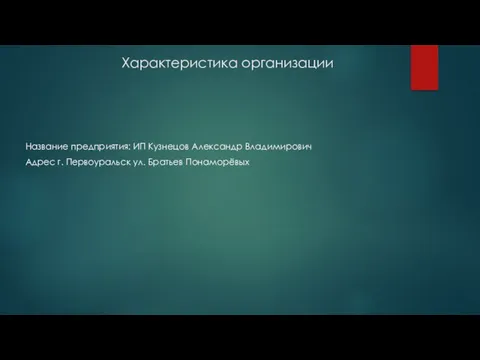 Характеристика организации Название предприятия: ИП Кузнецов Александр Владимирович Адрес г. Первоуральск ул. Братьев Понаморёвых