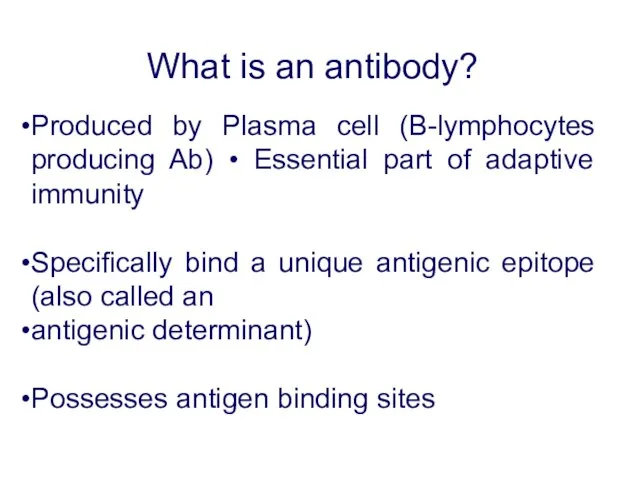 What is an antibody? Produced by Plasma cell (B-lymphocytes producing Ab)