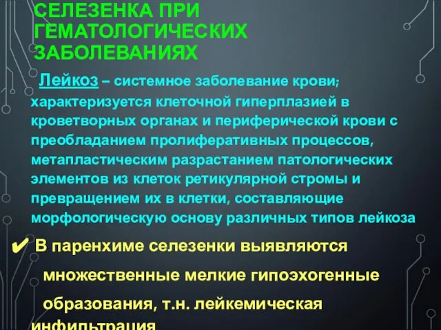 СЕЛЕЗЕНКА ПРИ ГЕМАТОЛОГИЧЕСКИХ ЗАБОЛЕВАНИЯХ Лейкоз – системное заболевание крови; характеризуется клеточной