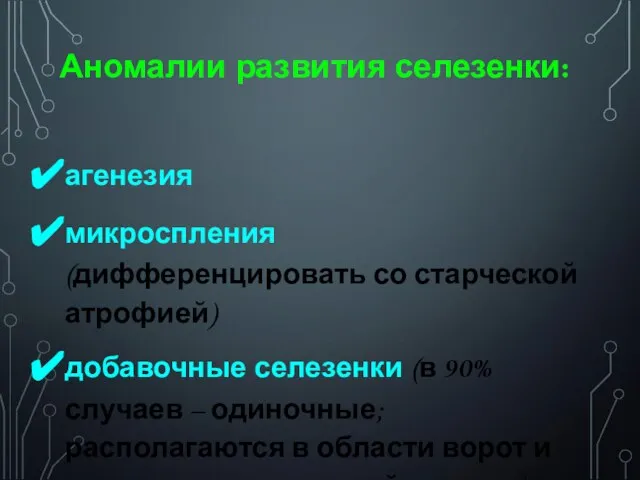 Аномалии развития селезенки: агенезия микроспления (дифференцировать со старческой атрофией) добавочные селезенки