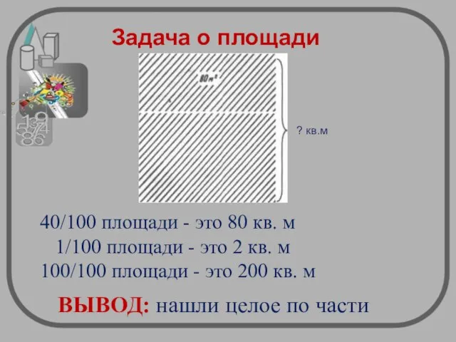 Задача о площади ? кв.м 40/100 площади - это 80 кв.