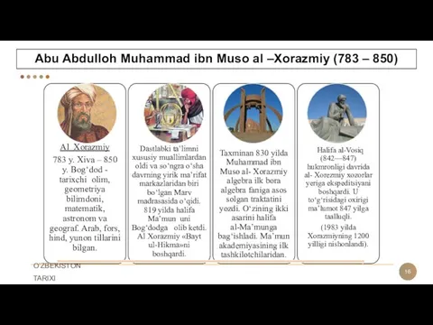 Abu Abdulloh Muhammad ibn Muso al –Xorazmiy (783 – 850)