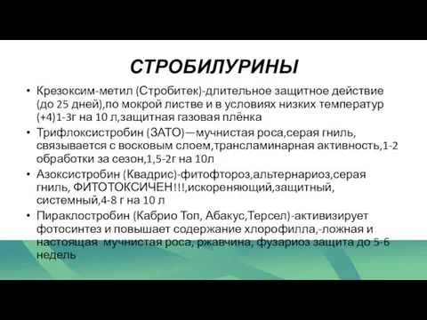 СТРОБИЛУРИНЫ Крезоксим-метил (Стробитек)-длительное защитное действие (до 25 дней),по мокрой листве и