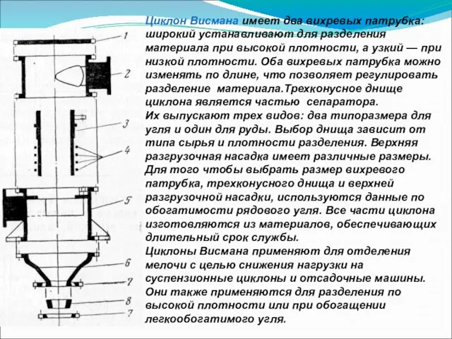 Циклон Висмана имеет два вихревых патрубка: широкий устанавливают для разделения материала