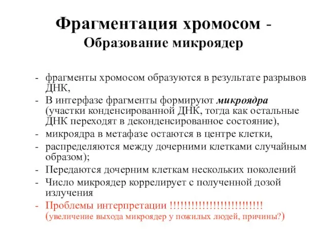 Фрагментация хромосом - Образование микроядер фрагменты хромосом образуются в результате разрывов