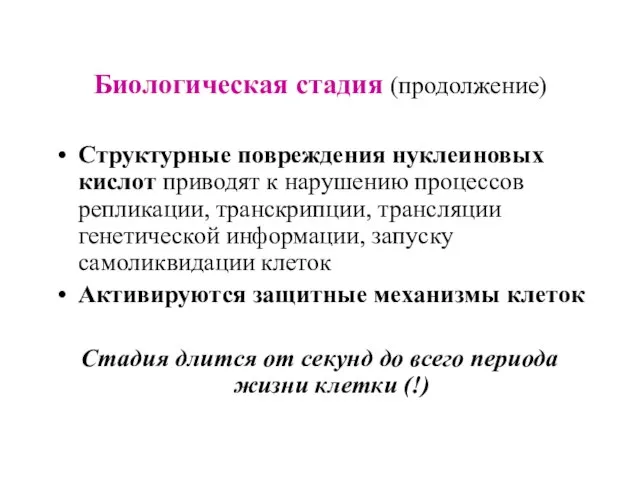 Биологическая стадия (продолжение) Структурные повреждения нуклеиновых кислот приводят к нарушению процессов