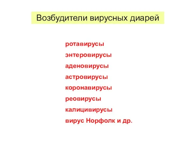 ротавирусы энтеровирусы аденовирусы астровирусы коронавирусы реовирусы калицивирусы вирус Норфолк и др. Возбудители вирусных диарей