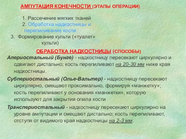 ОБРАБОТКА НАДКОСТНИЦЫ (СПОСОБЫ) Апериостальный (Бунге) - надкостницу пересекают циркулярно и сдвигают