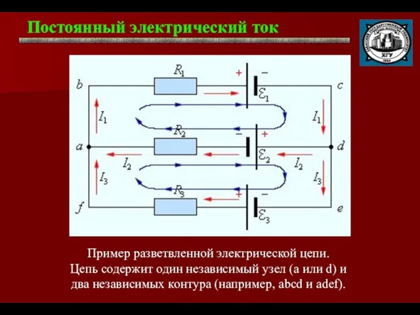 Постоянный электрический ток . Пример разветвленной электрической цепи. Цепь содержит один