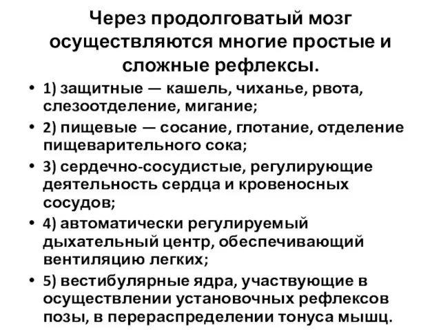 Через продолговатый мозг осуществляются многие простые и сложные рефлексы. 1) защитные