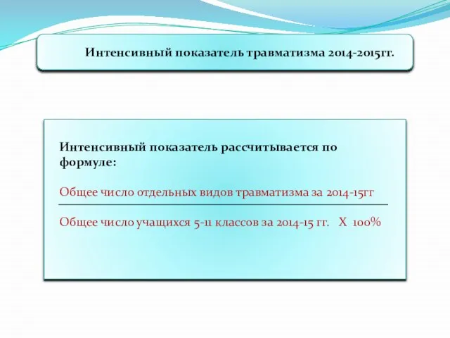 Интенсивный показатель травматизма 2014-2015гг. Интенсивный показатель рассчитывается по формуле: Общее число