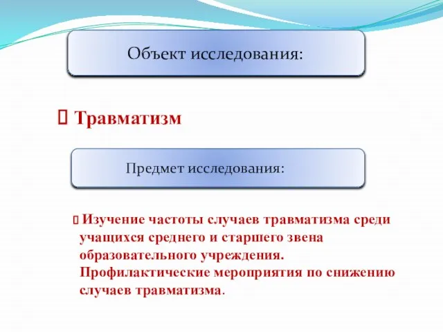 Объект исследования: Травматизм Предмет исследования: Изучение частоты случаев травматизма среди учащихся