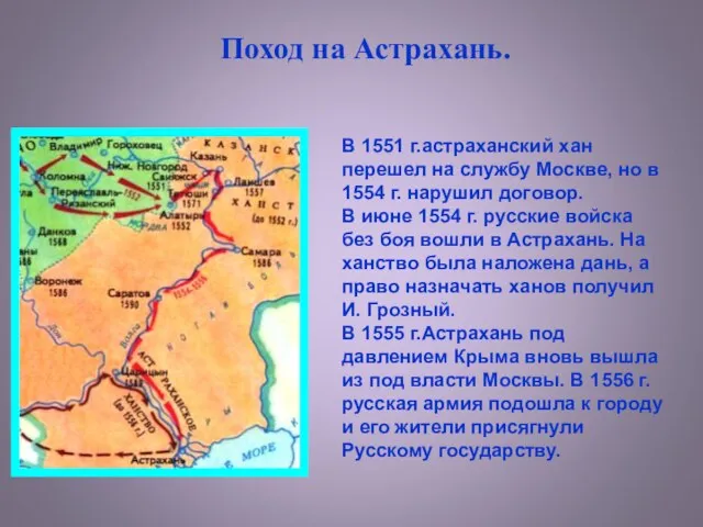 Поход на Астрахань. В 1551 г.астраханский хан перешел на службу Москве,