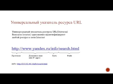 Универсальный указатель ресурса URL Универсальный указатель ресурса URL(Universal Resource locator) однозначно