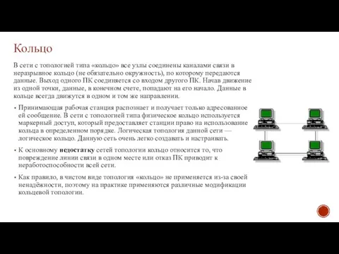 Кольцо В сети с топологией типа «кольцо» все узлы соединены каналами