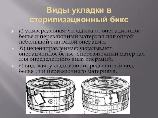 Виды укладки в стерилизационный бикс а) универсальная: укладывают операционное белье и