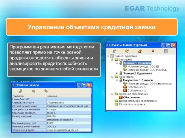 Управление объектами кредитной заявки Программная реализация методологии позволяет прямо на точке