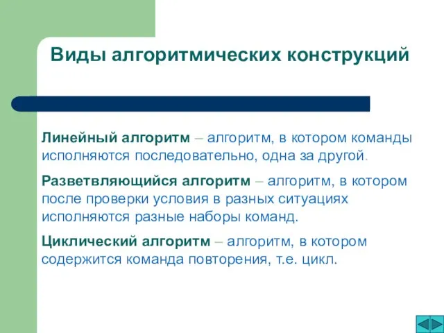 Виды алгоритмических конструкций Линейный алгоритм – алгоритм, в котором команды исполняются