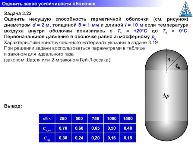 Задача 3.22 Оценить несущую способность герметичной оболочки (см. рисунок) диаметром d